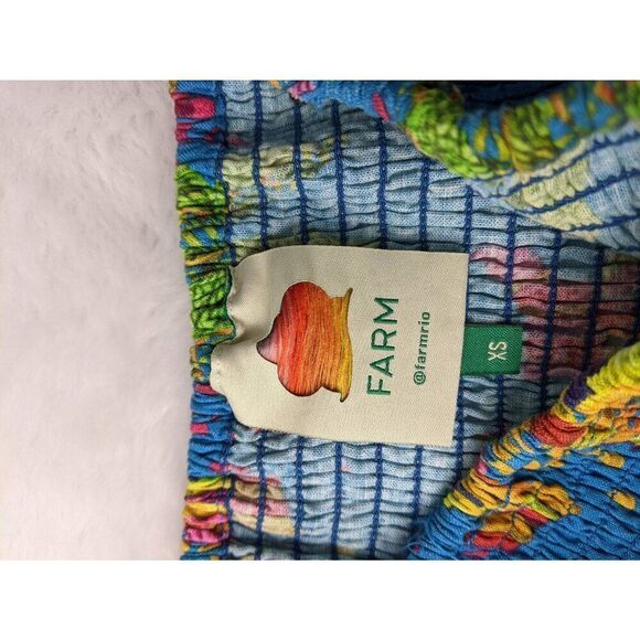 Farm Rio Blue Banana and Toucan Smocked Linen Blend Stretchy Mini Skirt w Croche - Picture 5 of 8